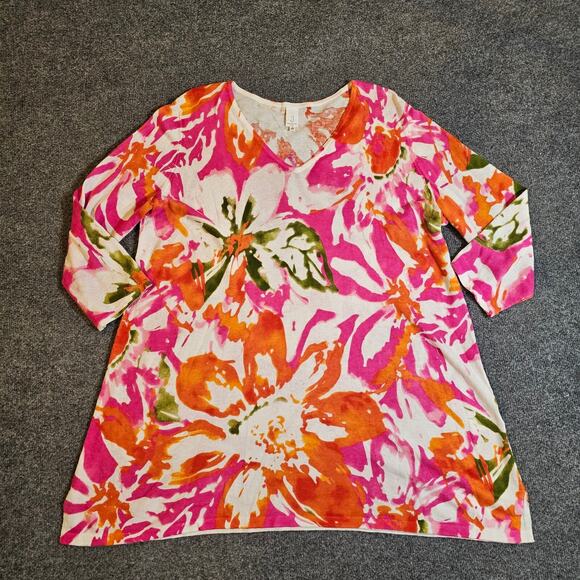 Jones New York Tops - Jones New York Top Sweater Womens 1X Pink White Linen Blend Floral 3/4 Sleeve